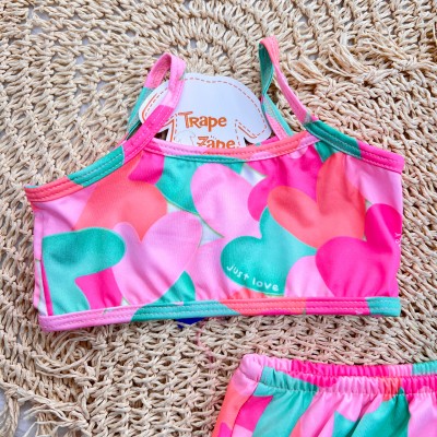 Linha Praia - Biquini com Proteção UV50+ - Corações - Rosa e Verde